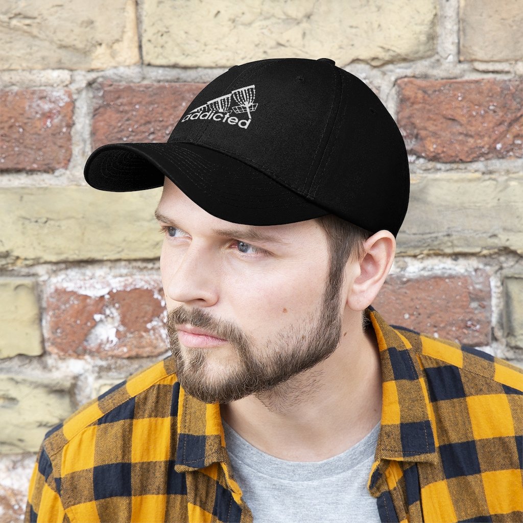 Addicted (to disc golf) white embroidered logo with Velcro closure-Unisex Twill Hat