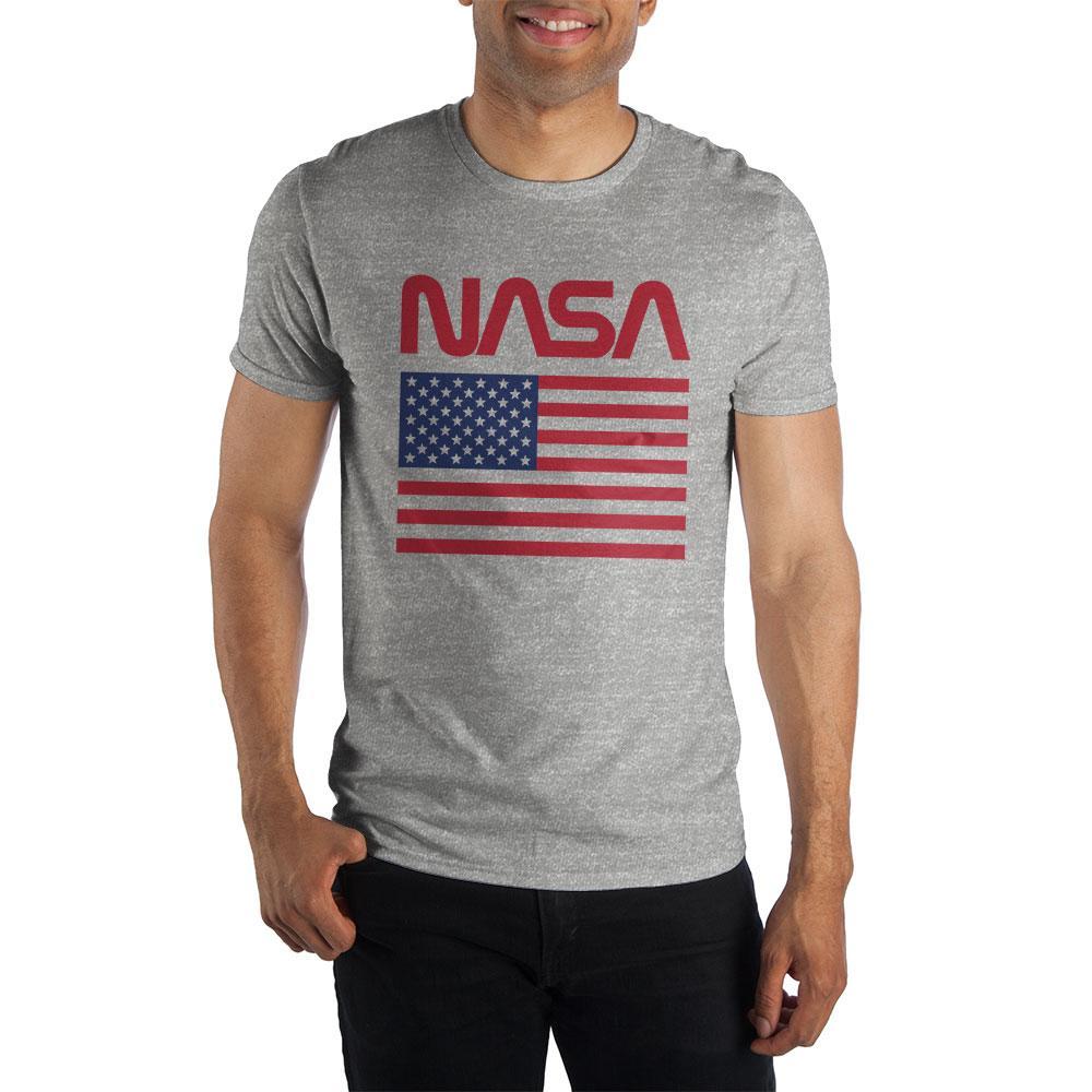 American Flag NASA Gray Men's Specialty Hand Print Tee Shirt T-Shirt