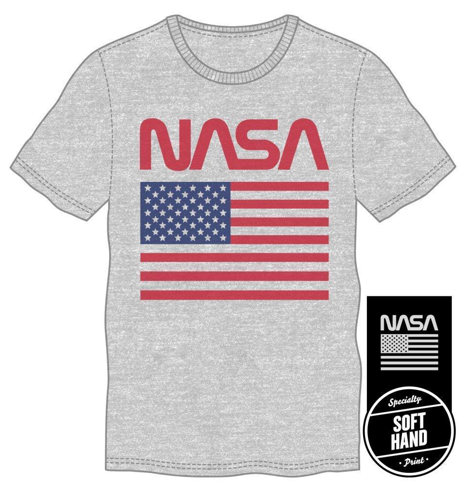 American Flag NASA Gray Men's Specialty Hand Print Tee Shirt T-Shirt