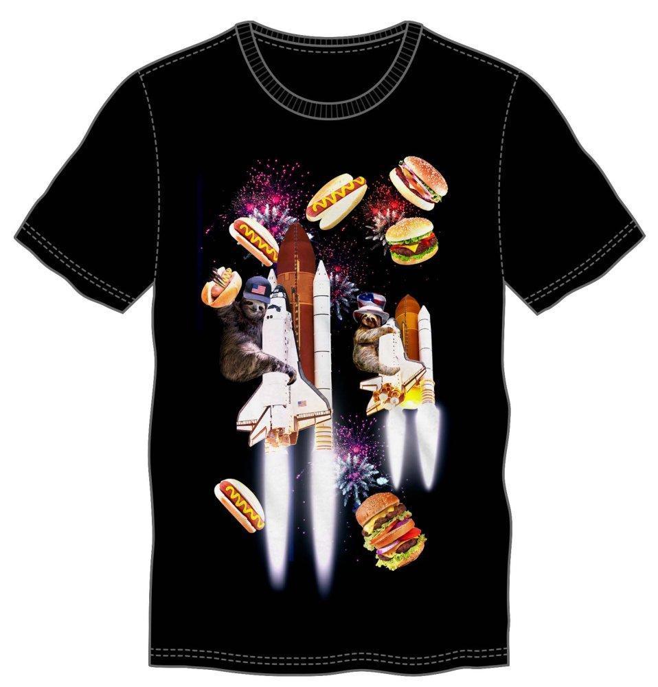 Celebration Sloth Space Shuttle Firework Party With Hamburgers & Hotdogs Men's Black T-Shirt Tee Shirt